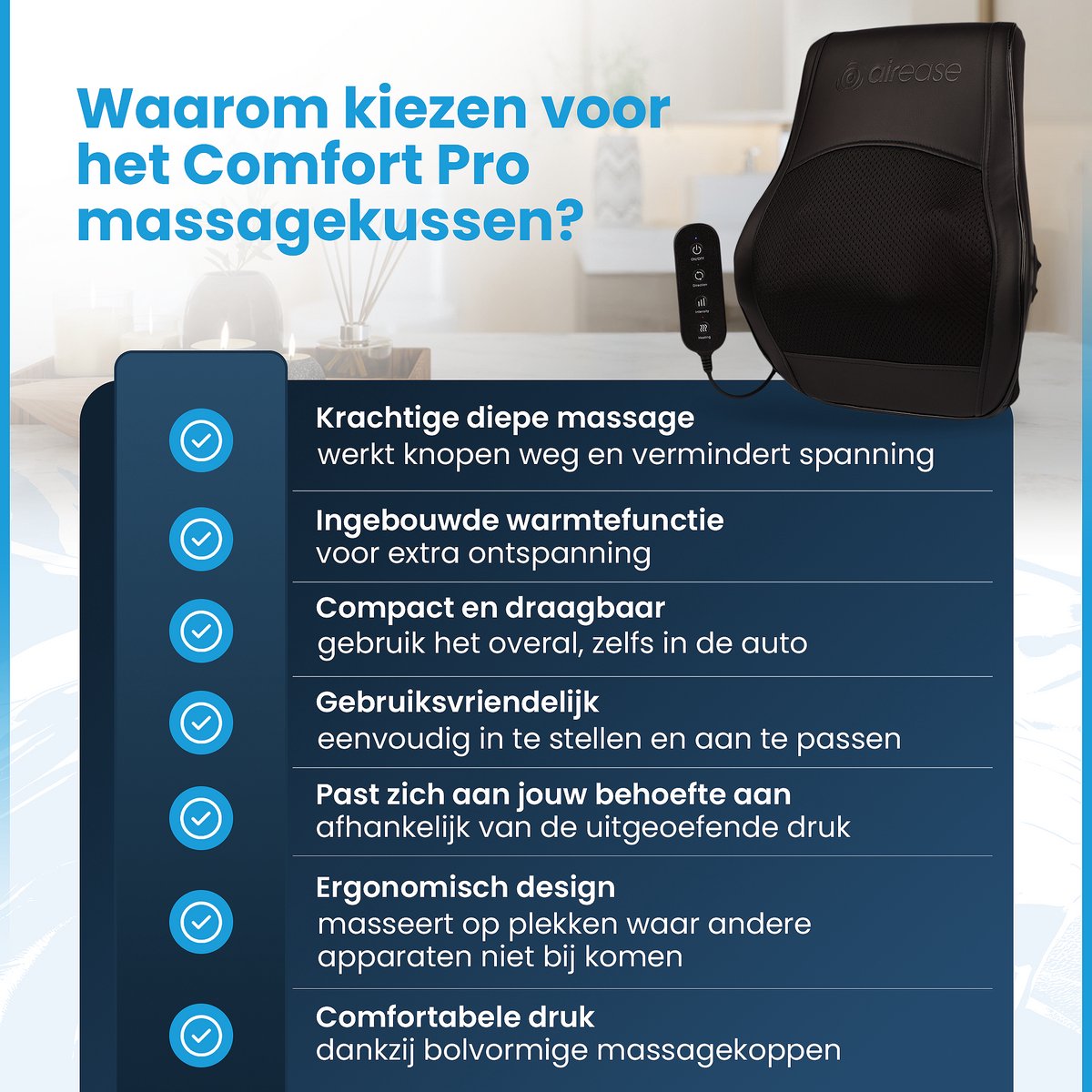 Air Ease® - Comfort Pro Massagekussen - Nekmassage Apparaat - Massage Apparaat voor 6 Delen van het Lichaam - Met Warmtefunctie - Zwart thumbnail 4