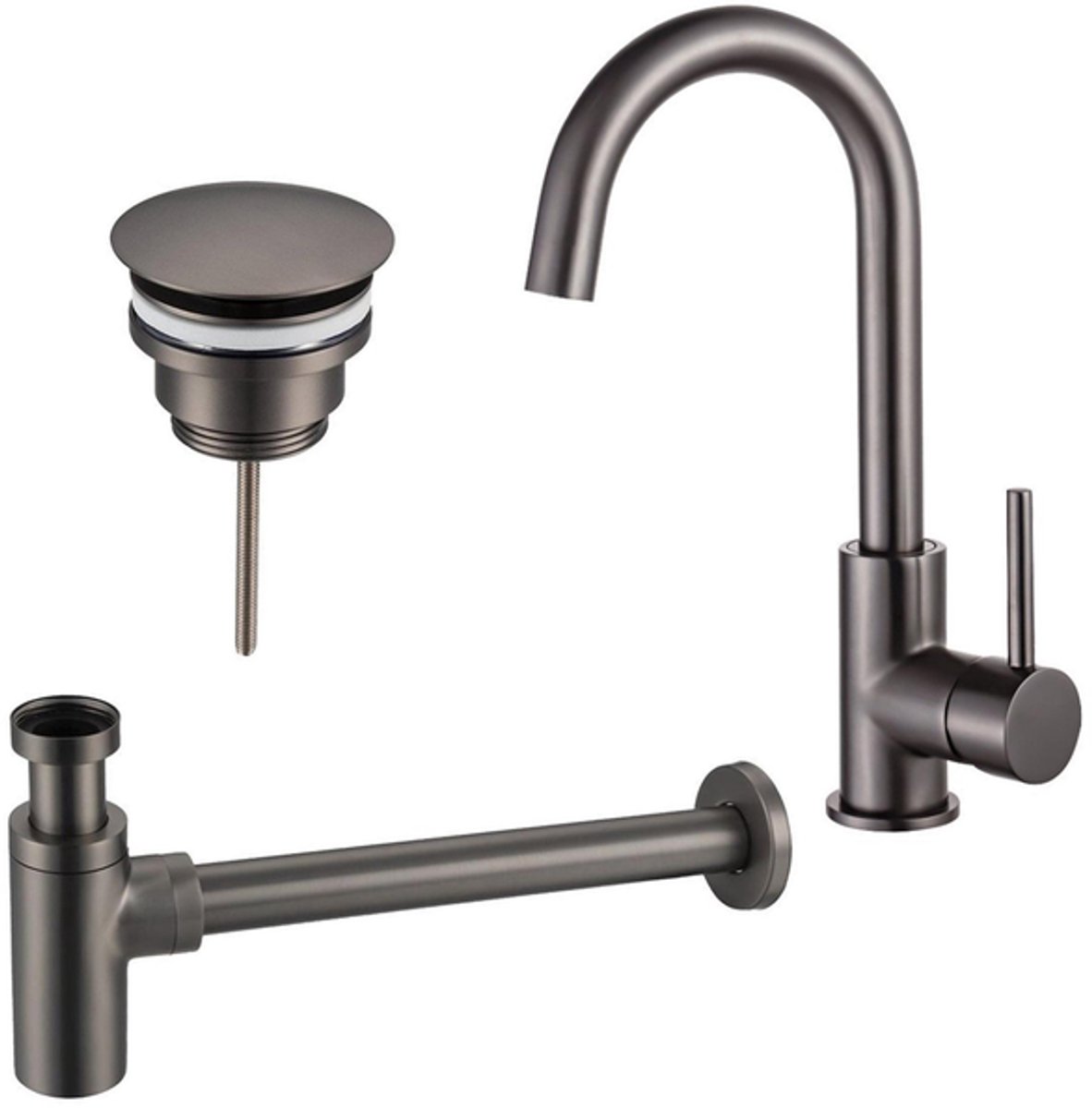FugaFlow Eccelente Sobrado Badkamer Wastafelkraanset - hoge wastafelkraan - draaibare uitloop - always open plug - design sifon - PVD Gepolijst Gunmetal