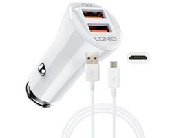 Auto Oplader - USB A naar Micro USB Kabel (1M) wit & Auto Stekker - USB A Snel Lader 36W - Autolader