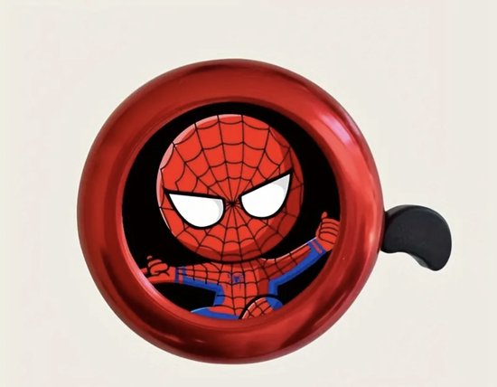 Rode fietsbel met een afbeelding van Spiderman die een duim opsteekt.
