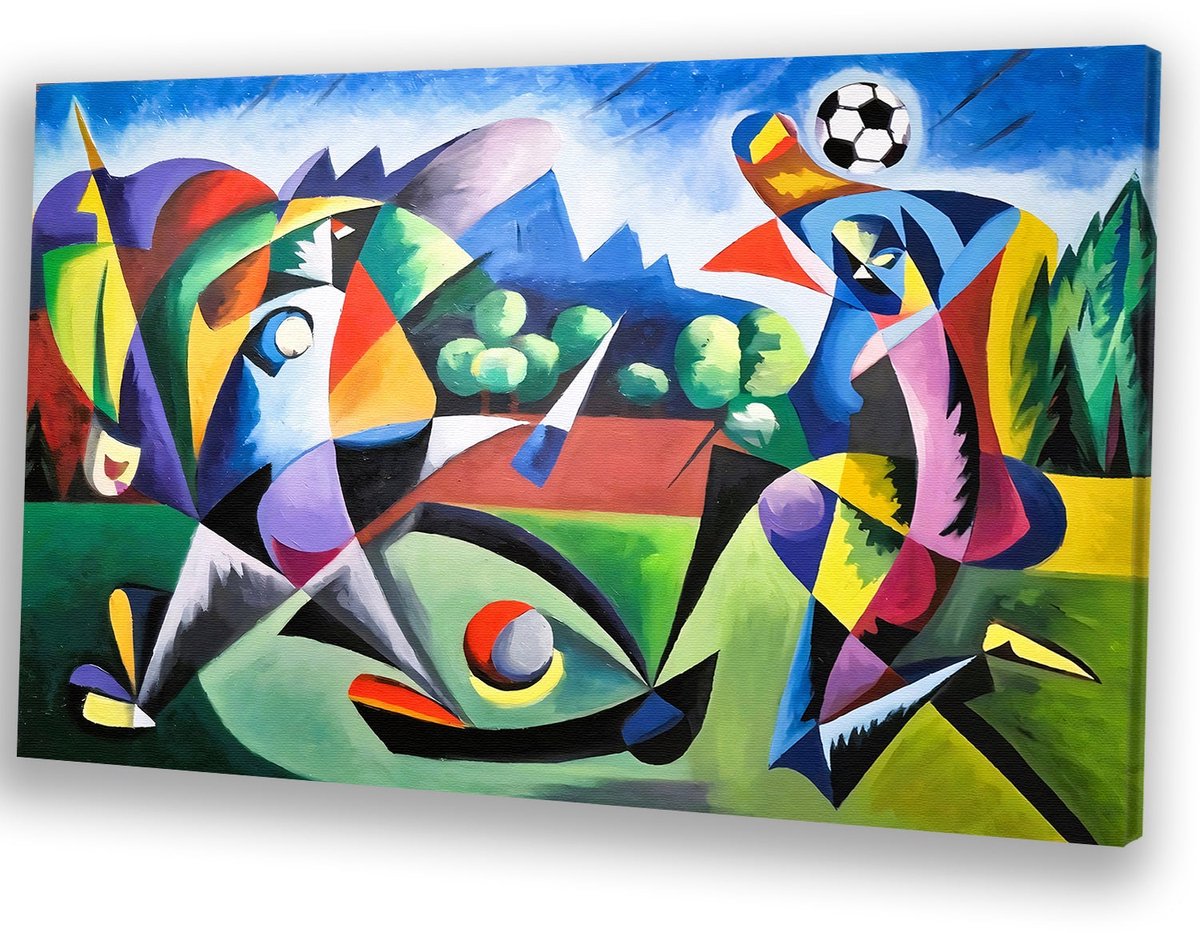 Abstracte kleurrijke voetbalactie - Sport schilderijen canvas - Canvas schilderij voetbal - Kubisme - Wanddecoratie modern - Wanddecoratie slaapkamer - canvas 150x100 cm