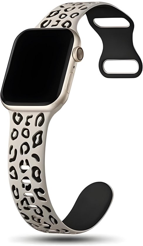 Apple Watch met een losgespeld lichtbeige bandje met zwarte panterprint.