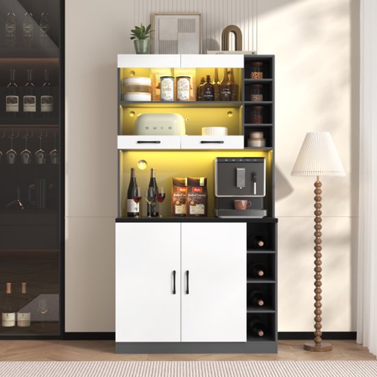 Hoge keukenkast met LED-verlichting, modern design, MDF, wit/zwart, verstelbare planken