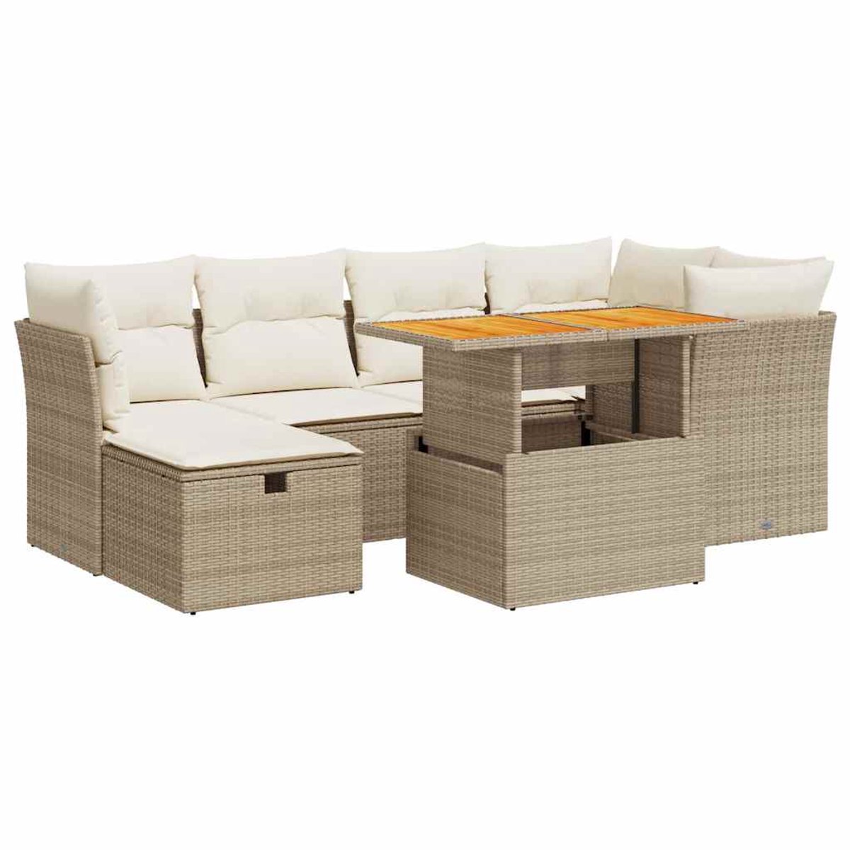vidaXL 7-delige - Loungeset - met - kussens - poly - rattan - acacia - beige lichtgrijs