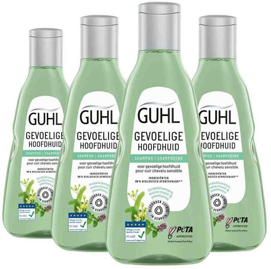 Vier flessen Guhl shampoo 'Gevoelige Hoofdhuid' met lindebloesem, witte munt en panthenol.