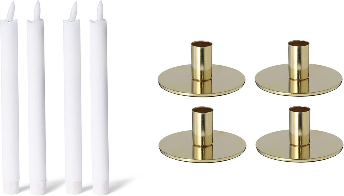 Novaliv set van 4 kaarsenhouders metaal goud 10x5cm met premium LED kaarshouder echte waskaars tafelkaars vlamloos op batterijen woondecoratie kersttafeldecoratie kaarsenhouder kaarspin