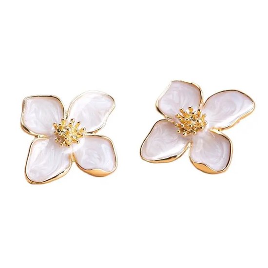 Boucles Boucles d'oreilles' oreilles créoles Innerlight® Blossom - Bloem Witte - Plaqué or 18 Goud - Boucles d'oreilles pendantes - Bijoux femme