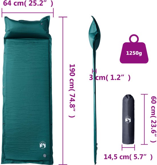 Kampeermatras met kussen zelfopblazend 1-persoons groen van Quechua — afbeelding 2