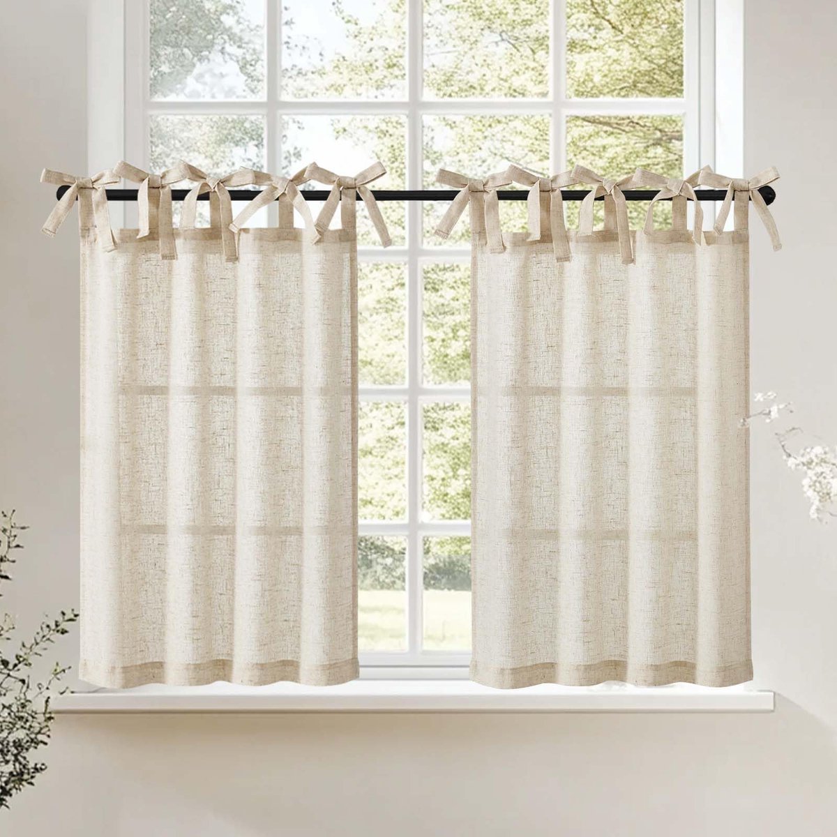 Unyqoos Charmante Linnenlook Keukengordijnen met Bindbanden voor Landelijke Sfeer, Set van 2, 65x60 cm wit