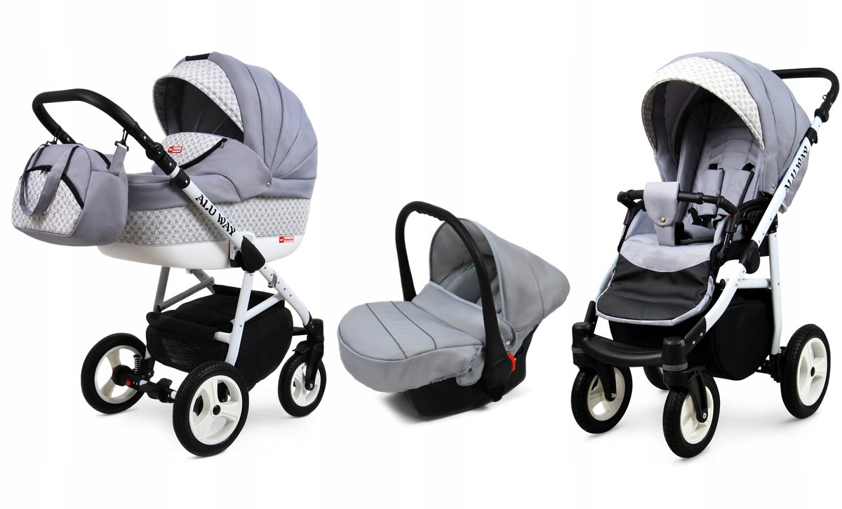 BabyLux® Kinderwagen 3in1 – ALUWAY - SILVER - Opklapbare Wandelwagen incl. Reiswieg, Multifunctionele Buggy Sportstoel, Autostoel - Combi-kinderwagen met Luiertas, Regenhoes, Klamboe, Bekerhouder, etc.