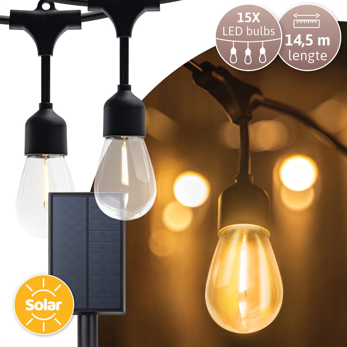 Brendz Solar Lichtsnoer voor Buiten, Party Lights, 14,5m, 15 Filament Lampen, Onbreekbaar, 2700K Warm Wit, Lichtslinger, Weerbestendig, Vintage Design, Djerba Filament