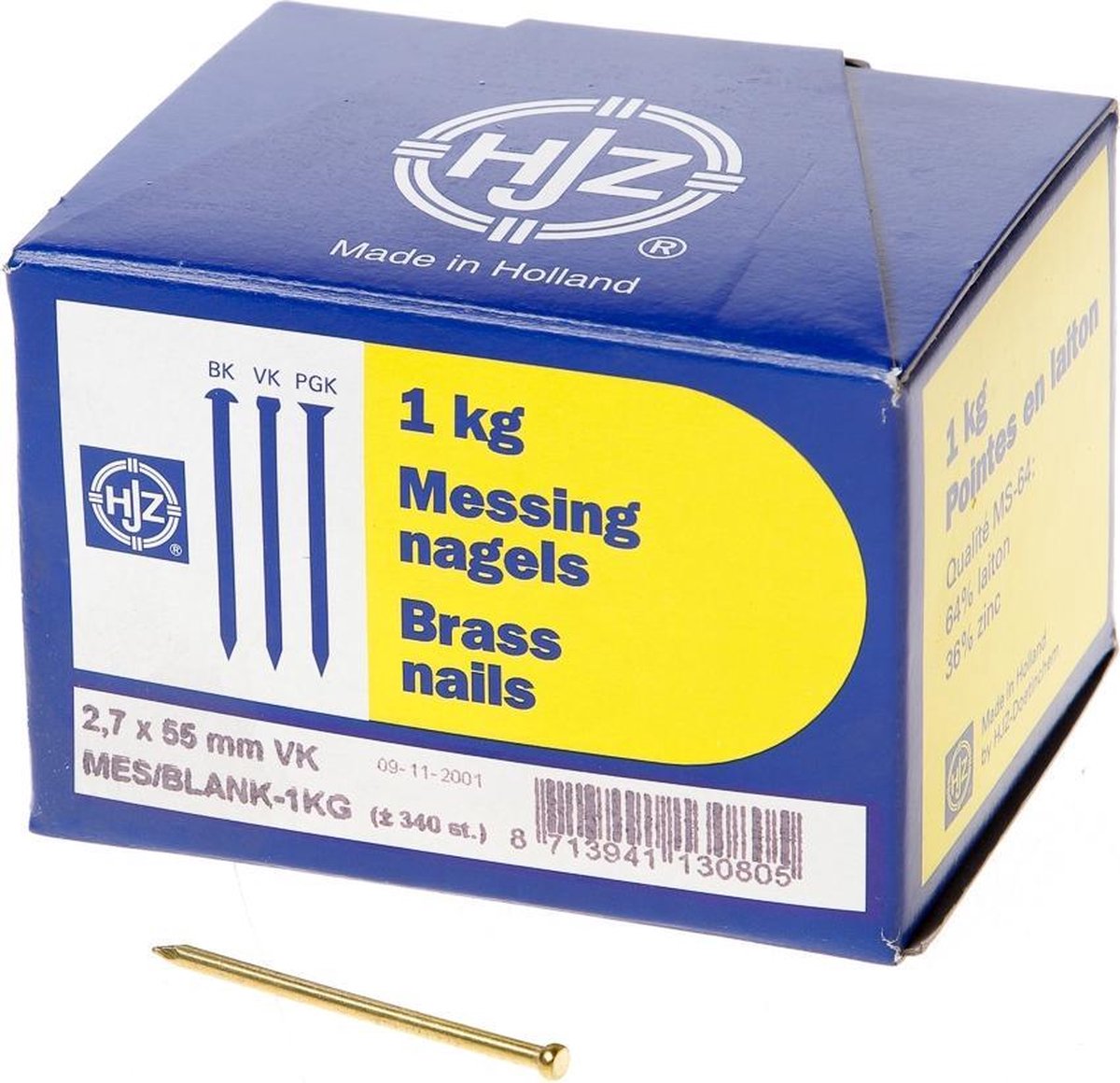 Hjz Messing nagels verloren kop 2.7 x 55mm 1kg