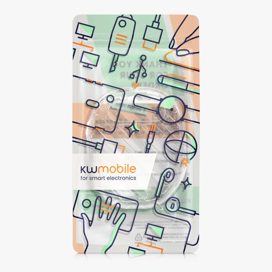 Verpakking met illustraties van oplaadkabels, koptelefoons en een hand die een apparaat vasthoudt.