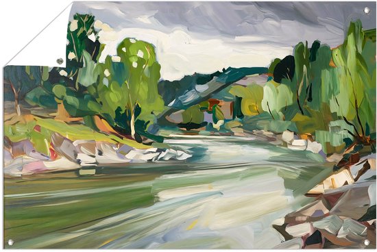 Rustige rivierlandschap - Rivier tuinprint - Tuinversiering landschap - Abstracte kunst - Schutting decoratie - Tuinschilderij - tuinposter 60x40 cm