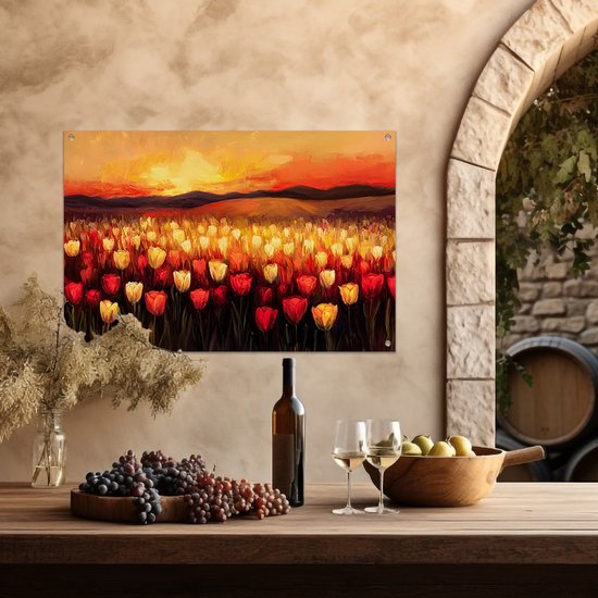 Tulpenveld bij zonsondergang - Bloemen posters - Tuinwanddecoratie tulpen - Impressionisme - Buitenschilderij schutting - Decoratieve tuinposter - tuinposter 60x40 cm