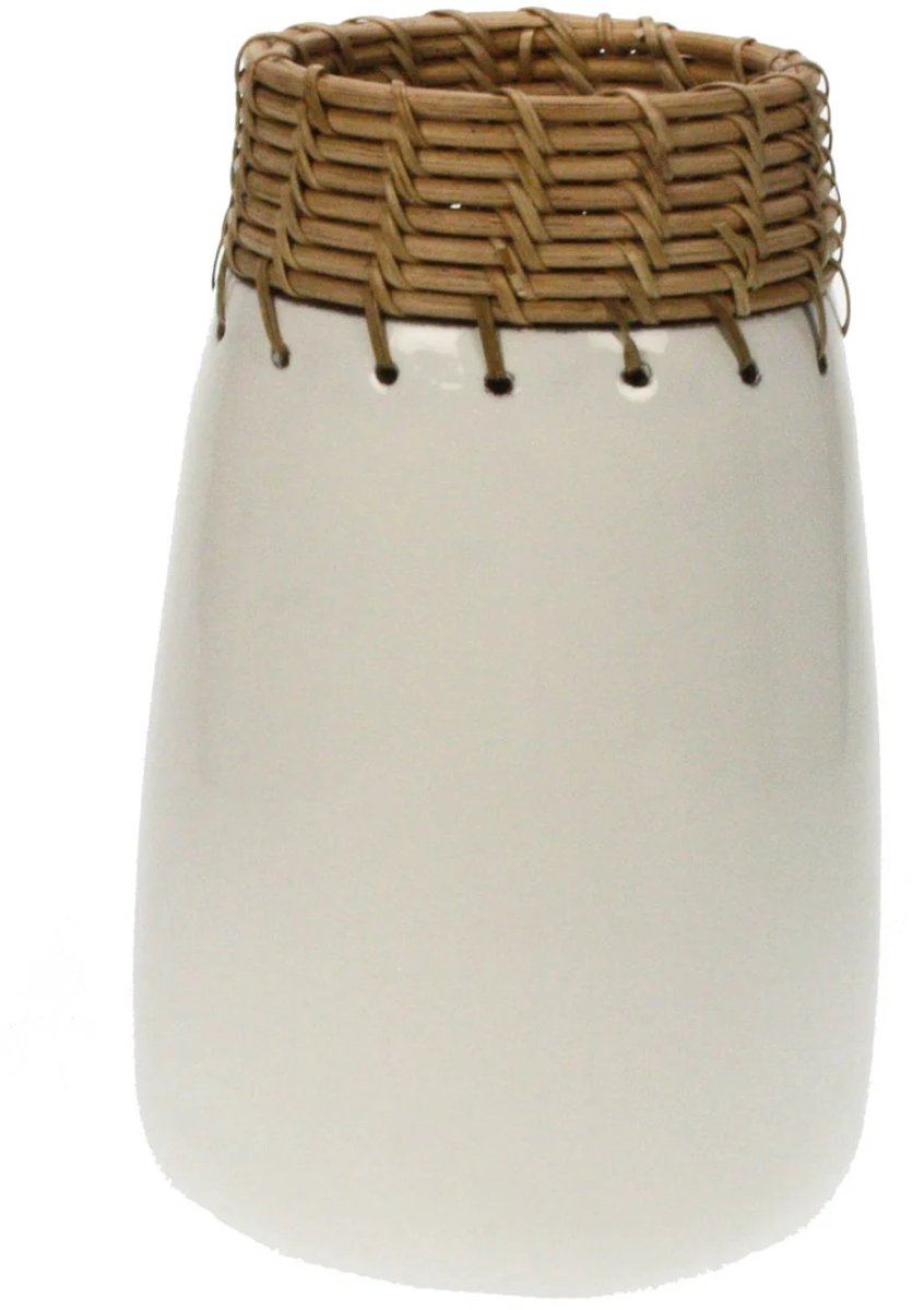 Vaas wit hout/riet Ø15x25cm