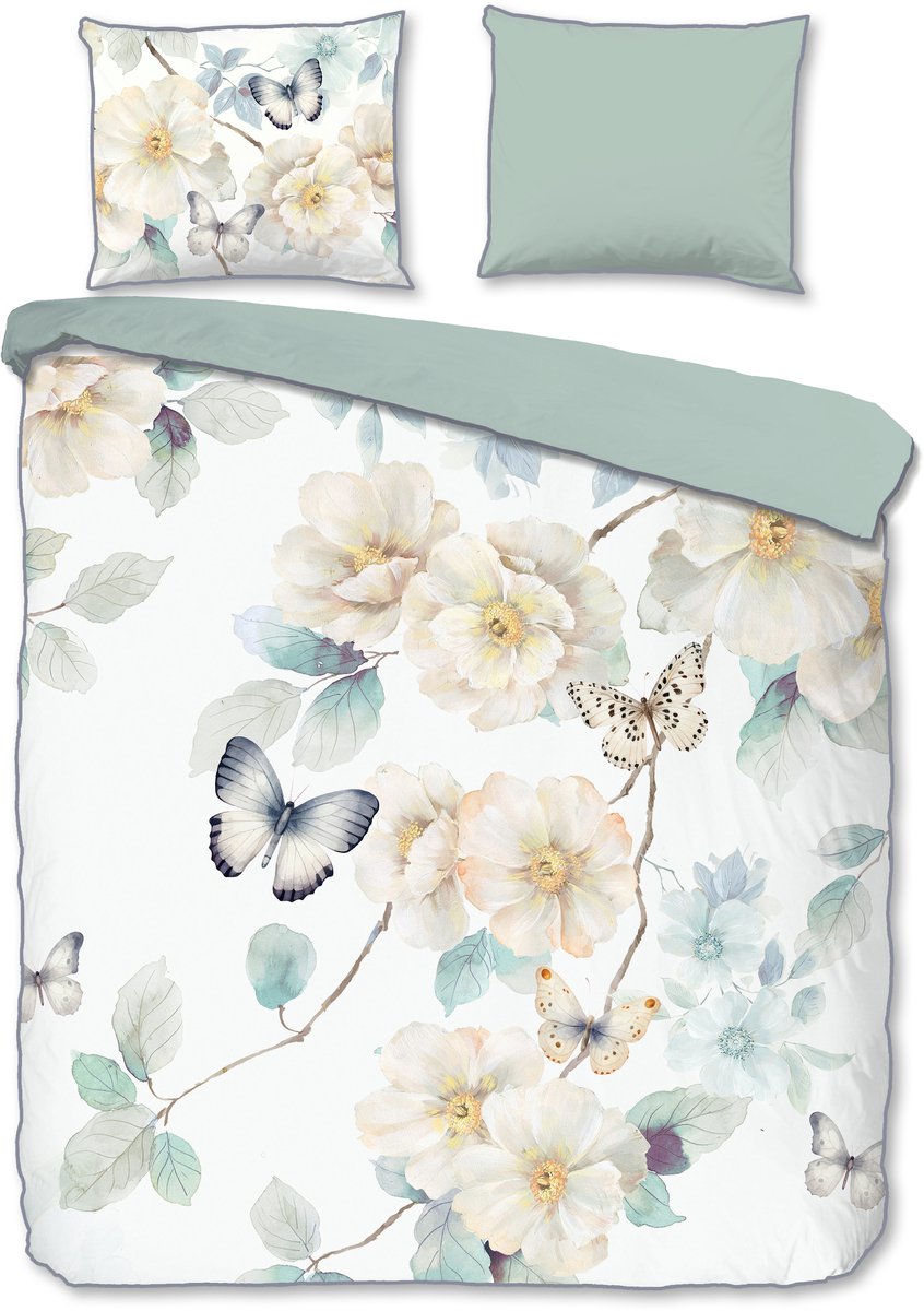 Descanso dekbedovertrek bloemen en vlinders - 2 persoons 200x200/220 cm - Wit - 100% Katoen satijn