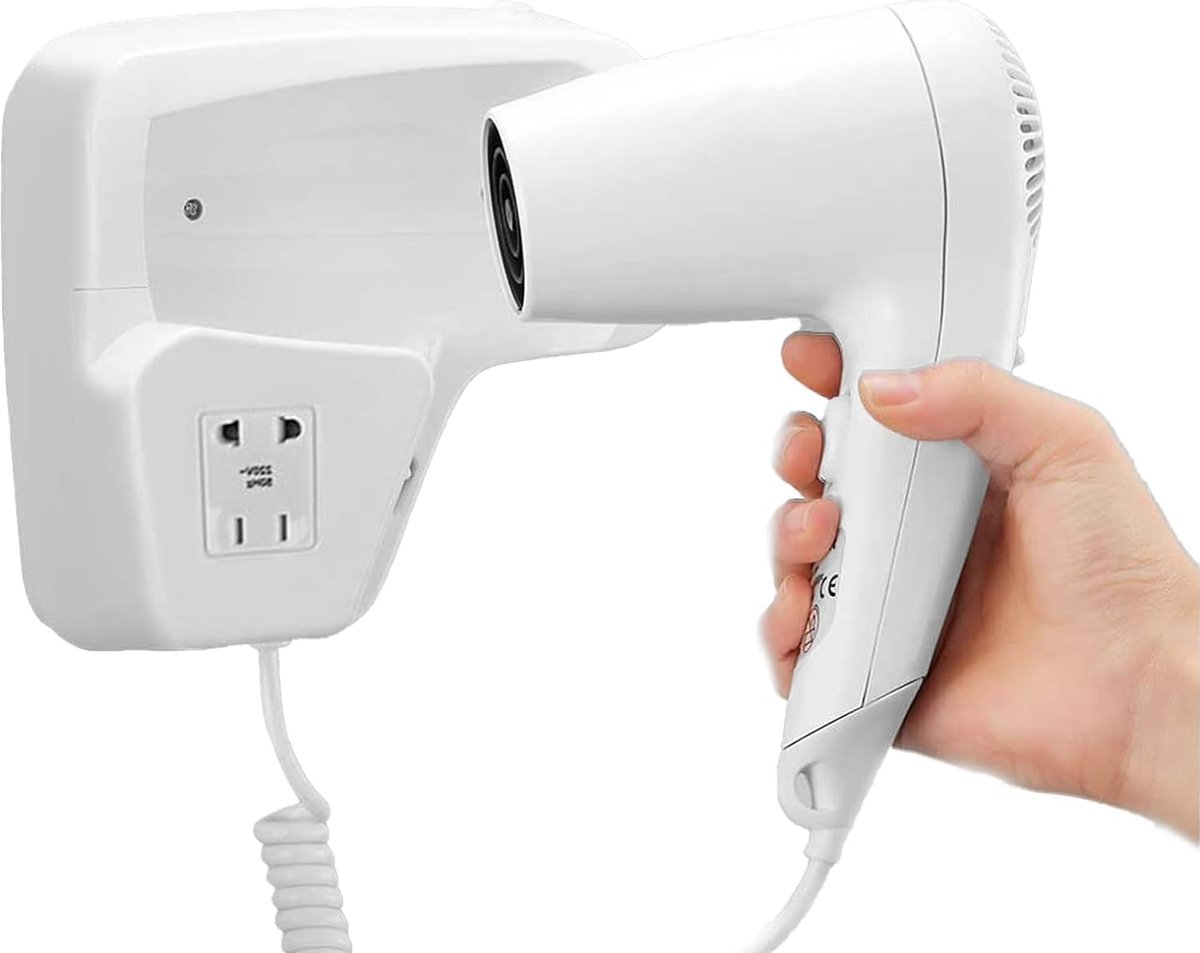 Wandhaardroger met Stopcontact voor Badkamer en Hotel - 1300 W, Wit