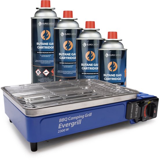 Eurocatch Butaangas Camping Grill Evergrill - Incl. 4 gasbussen - Gas Barbecue - Camping Kooktoestel - Tafelgrill - Tafelbarbecue - Noodpakket