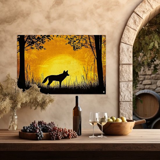 Wolf silhouet met zonsondergang - Wolf tuindecoratie - Tuinwanddecoratie dieren - Silhouet - Muurdecoratie buiten - Poster voor buitengebruik - tuinposter 75x50 cm