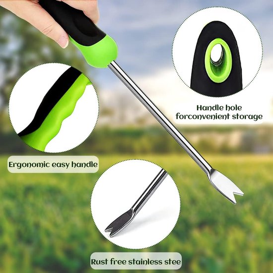 Handwieder - handmatige worteljager met handgreep - Kleine roestvrijstalen wieder - Paardenbloemtrekker - Voor graven, wieden en losmaken (groen) van Jardineer — afbeelding 2