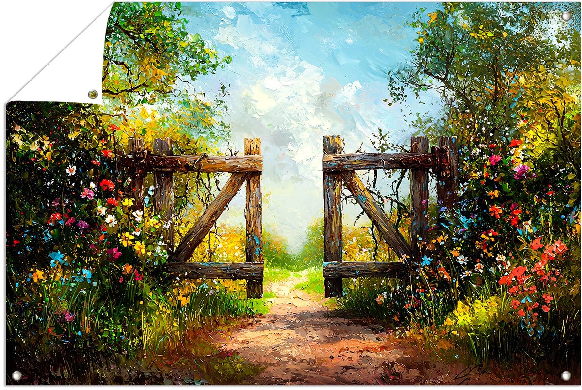 Bloemenpad met houten tuinpoort - Doorkijk - Poort tuindecoratie - Poster van buiten bloem
