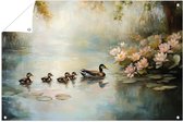 Eendenfamilie bij waterlelies - Eenden tuinposter - Poster van buiten dieren - Impressionisme - Poster voor tuinmuren - Tuindecoratie wanddecoratie - tuinposter 90x60 cm