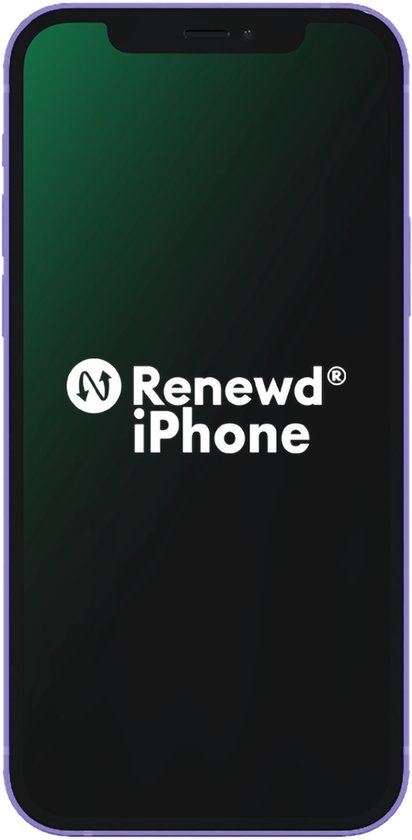 Voorkant van een paarse iPhone 12 met het Renewd iPhone logo op een groen scherm.