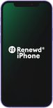 Voorkant van een paarse iPhone 12 met het Renewd iPhone logo op een groen scherm.
