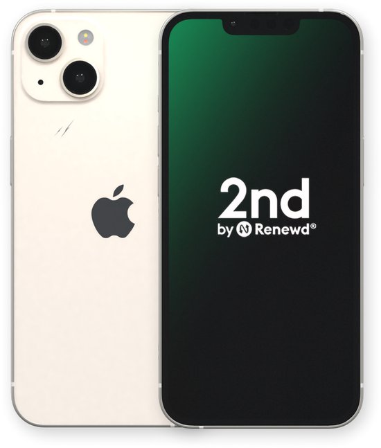 Cremekleurige iPhone 13 mini met dubbele camera en het '2nd by Renewd' logo op het scherm.