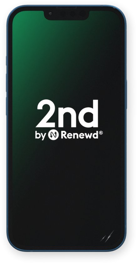 Blauw iPhone 13 mini met donker scherm met '2nd by Renewd' logo.
