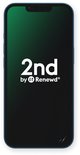 Blauw iPhone 13 mini met donker scherm met '2nd by Renewd' logo.