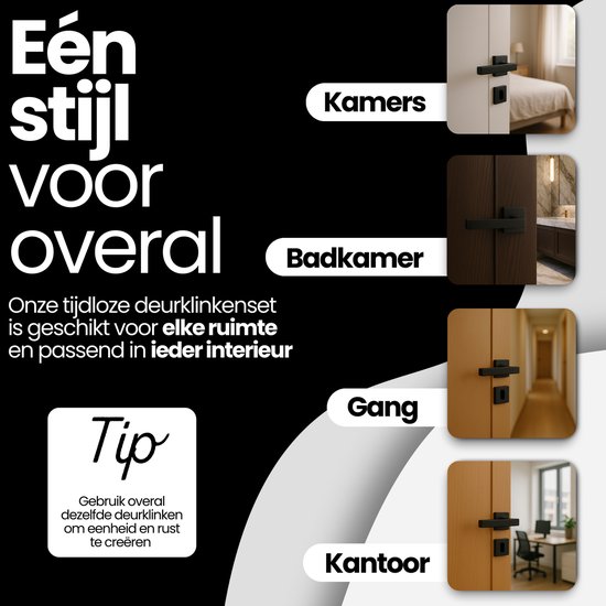 Voorbeeld van matzwarte deurklinken in een slaapkamer, badkamer, gang en kantoor.