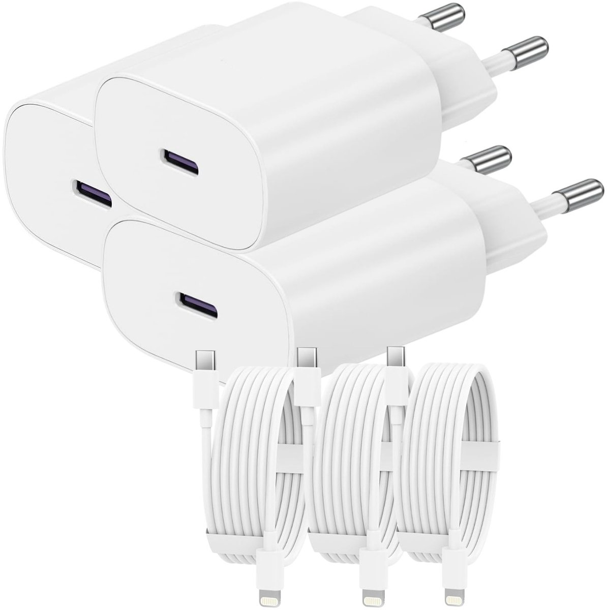 USB C Snellader 25W + kabel 1M - 3 Pack - Oplader - USB-C Lader - Wit