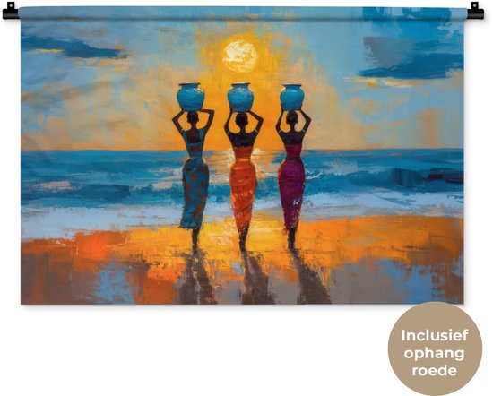 Wandkleed 90x60 cm - Wanddoek Vrouwen - Strand - Zondsondergang - Wandtapijt - Wandkleden