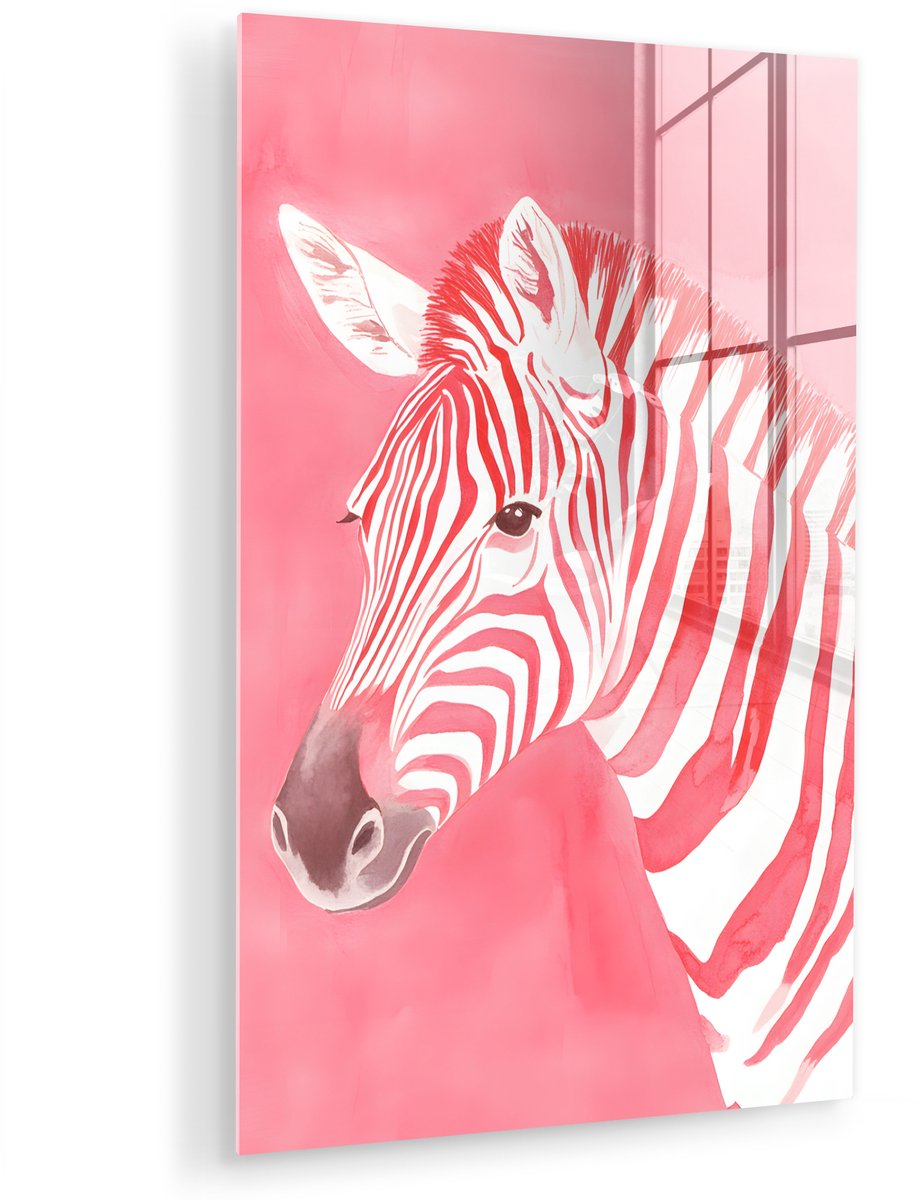 MuchoWow® Glasschilderij 20x30 cm - Schilderij acrylglas - Zebra - Pink - Verf - Foto op g