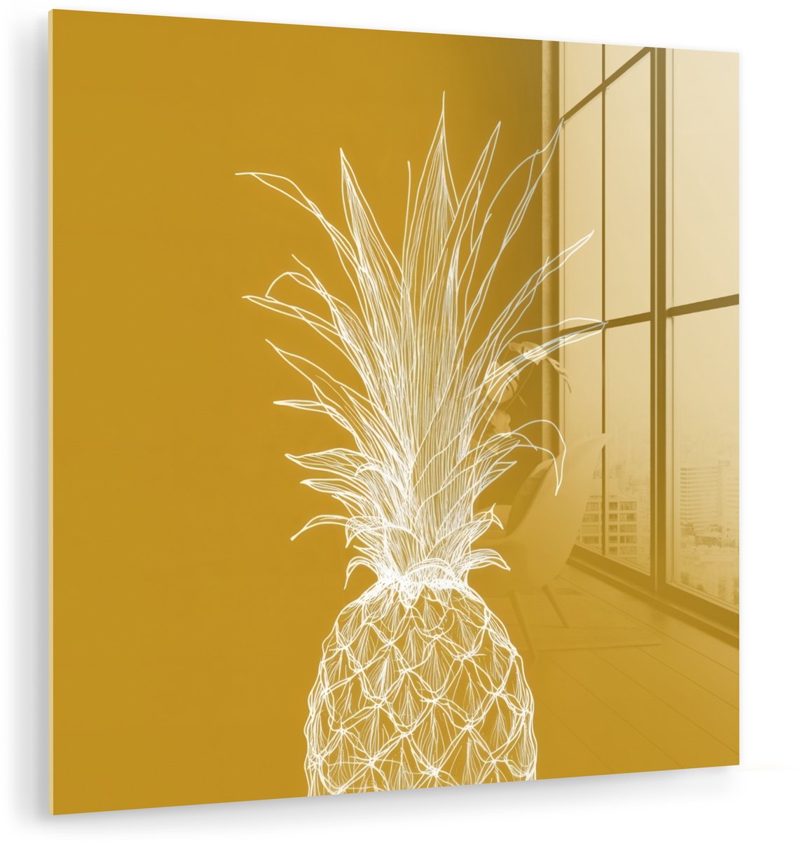 MuchoWow® Glasschilderij 20x20 cm - Schilderij acrylglas - Lijnillustratie - Ananas - Bladkroon - Okergeel - Foto op glas - Muurdecoratie woonkamer - Wanddecoratie slaapkamer - Schilderijen