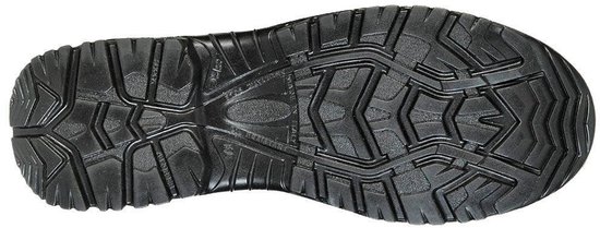 Zwarte rubberen buitenzool met diep profiel voor grip.