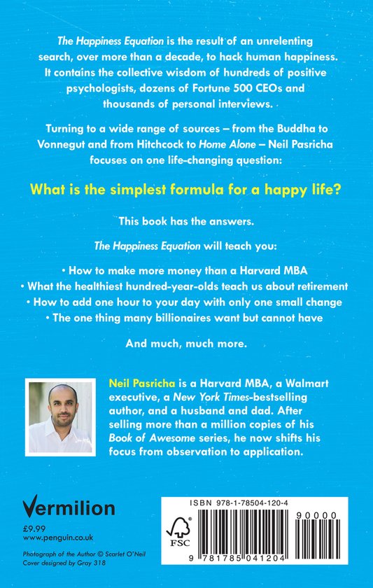 Achterkant boek 'The Happiness Equation' met een foto van Neil Pasricha, prijs en ISBN.