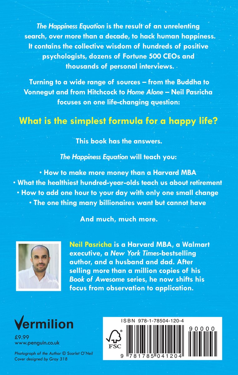 Achterkant boek 'The Happiness Equation' met een foto van Neil Pasricha, prijs en ISBN.
