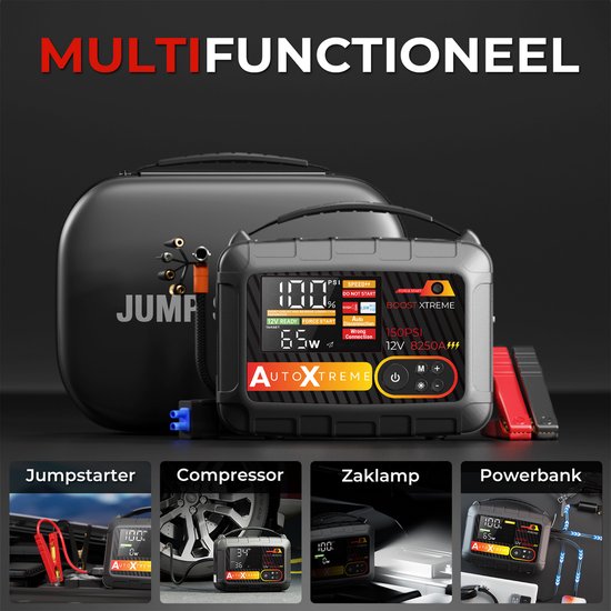 AutoXtreme Jumpstarter 12V met Compressor voor Auto – Boost Xtreme 8250A – Starthulp met Forcestart, Powerbank & LED-scherm – Incl. Zaklamp & Opbergkoffer