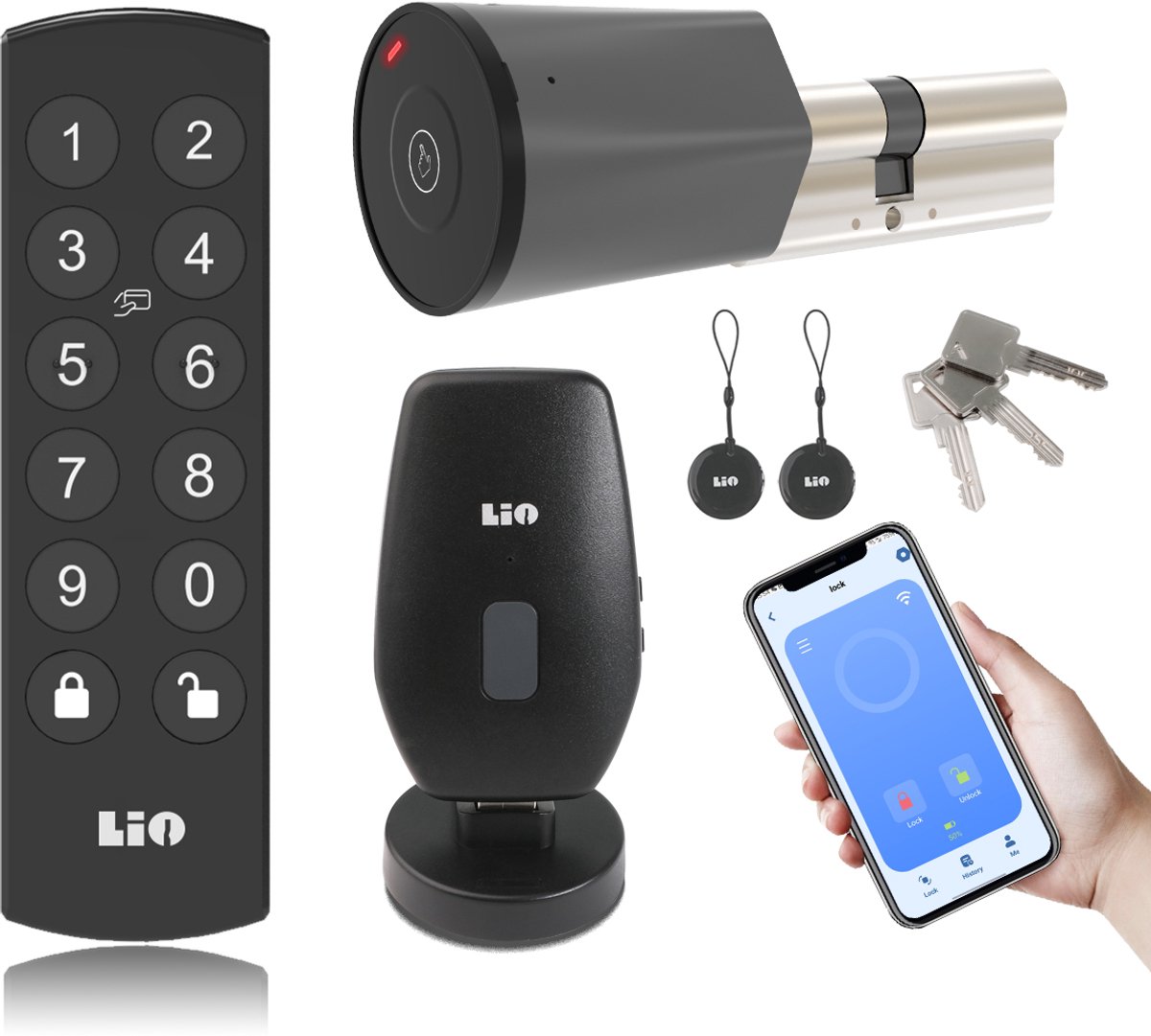 Slim slot deur Draadloos met Cilinder afmeting 30/30 (Buitenmaat/Binnenmaat) met 3 sleutels, Keypad met 2 druppels (tags), Grijs/Zwart, met Gateway, met gratis app overal ter wereld