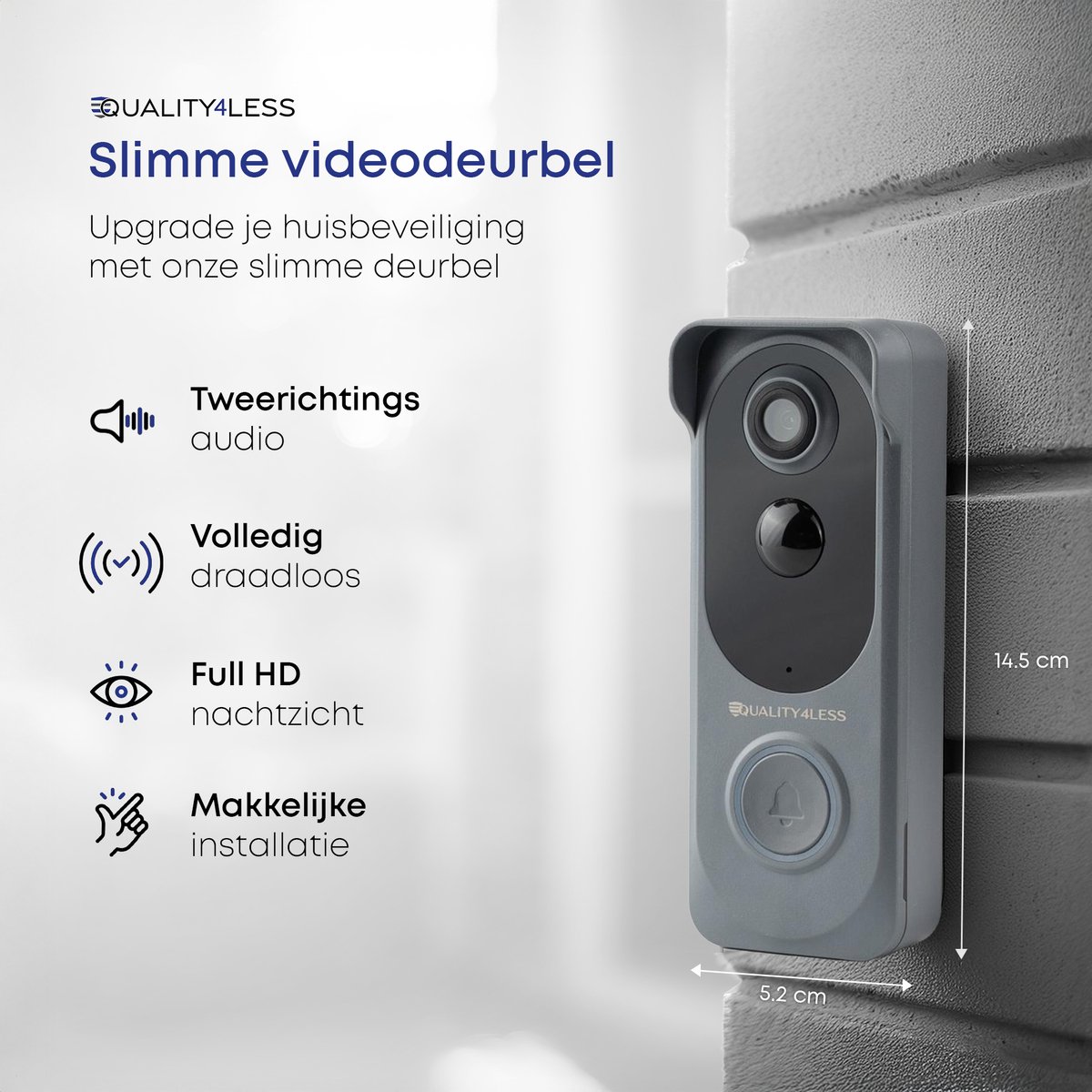 Afbeelding 2 van Quality4Less™ - Slimme Draadloze Video Deurbel met camera - Ultra HD - Wifi deurbel - Zonder abonnement - Incl. draadloze gong en 32GB SD-Kaart - Grijs