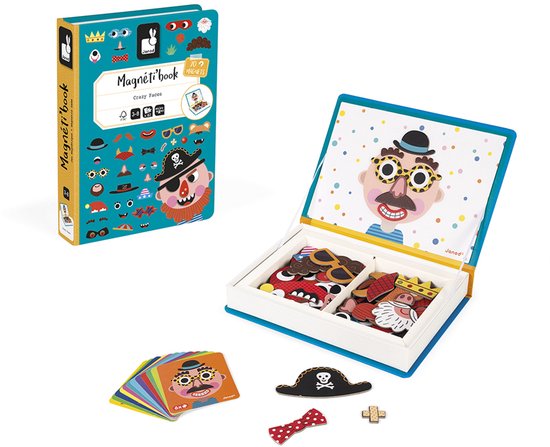 Boîte de jeu Janod Magneti'book 'Crazy Faces', ouverte, avec cartes et pièces magnétiques pour visages.