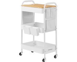 Furnstar Rolwagen - Keukentrolley - 3 Metalen Roosterplanken - Serveerwagen - 2 Afneembare Hangbakken - 2 Organizers - Voor Kantoor - Keuken - Woonkamer - Badkamer -Wit - LRC036W01
