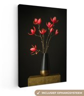 Canvas schilderij 60x90 cm - Exclusieve wanddecoratie Rode - Bloemen - Vaas - Muurdecoratie woonkamer - Slaapkamer decoratie - Kamer accessoires - Schilderijen op canvas