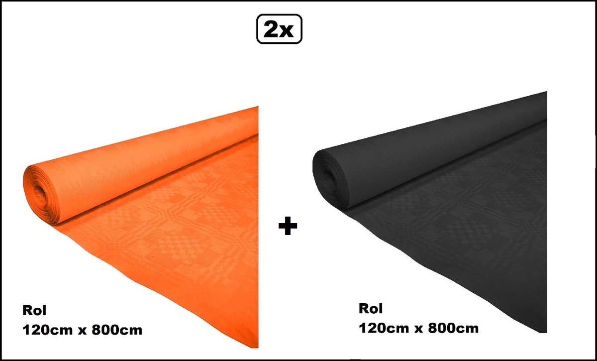 2x Tafelrol tafelkleed oranje en zwart 120cm x 800cm papier - totaal 16 meter - Party diner food festival eten fun thema feest party