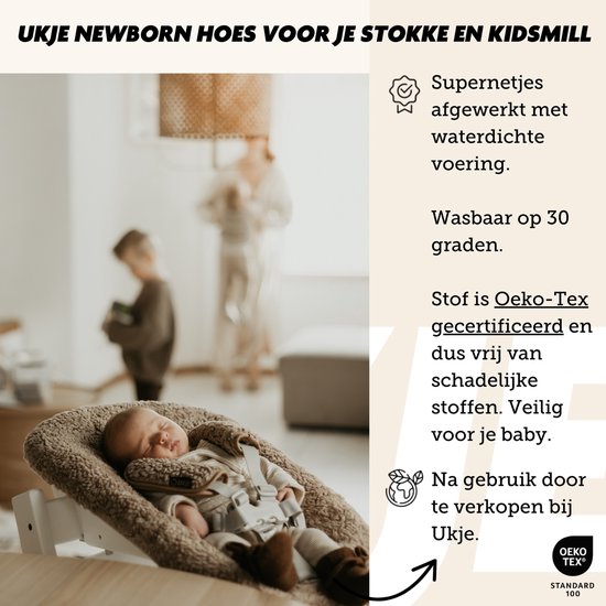 Ukje Newborn Hoes Tripp Trapp - Voor Stokke Kidsmill Novi Newborn Set - Veilig getest Oeko-Tex - Waterdichte binnenkant - Met Gordelbeschermers - Taupe teddy — afbeelding 4