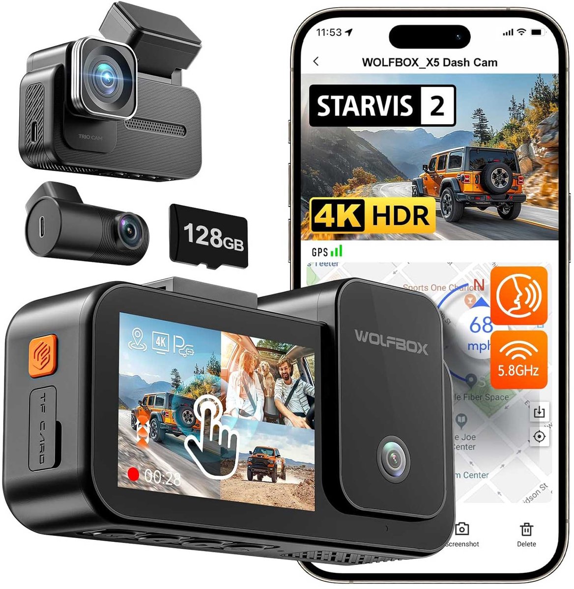 Wolfbox X5 Touch 3CH 4K Wifi Gps 128gb dashcam - Camera voor + achter + interieur - 2,35 inch touchscreen Lcd - Wifi en Gps - Parkeermodus - 4K resolutie - 128gb Micro SD kaart - dashcam voor auto