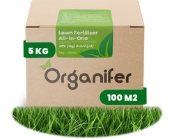 Gazonmest All-In-One (5kg, 100m2) - Voor een Diepgroen Sterk Gazon Zonder Mos en Onkruid - Gazonmeststof - Gazon Kalk - Meststof Gazon - Gras Mest - Bodemverbeteraar - Organifer